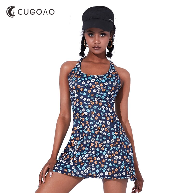 CUGOAO-꽃 프린트 테니스 드레스 2 개, 반바지 포함, 가슴 패드, 캐주얼 민소매 골프 배드민턴 드레스 세트, 여성용